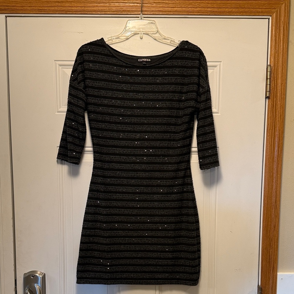Express Black/Gray Tiny-Sequin Striped Mini Dress